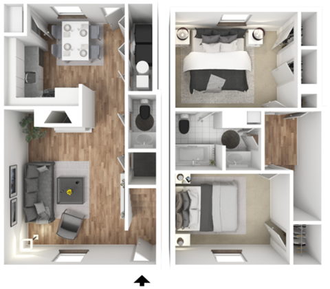 Floor plan for 2 beds, 1 bath, 910 sqft